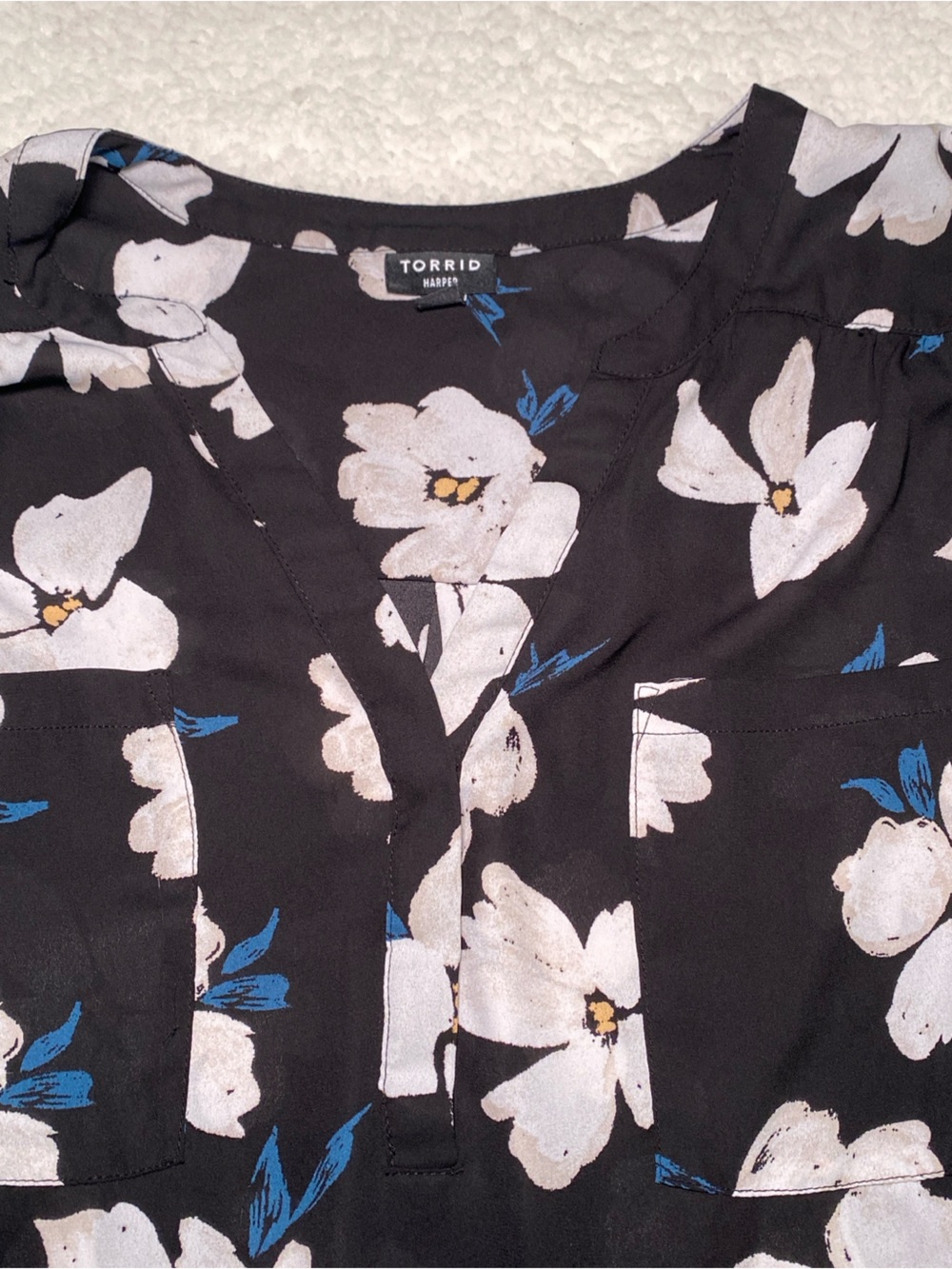 torrid Black Floral Blouse with White and Blue Flowers - Picture 2 of 4